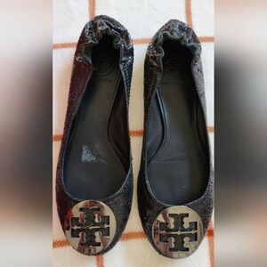 Tory Burch Reva Black Glitter Flats